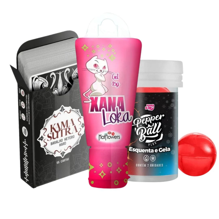 Kit Com Baralho Kama Sutra Gel Xana Loka E Pepper Ball Plus Esquenta E Gela