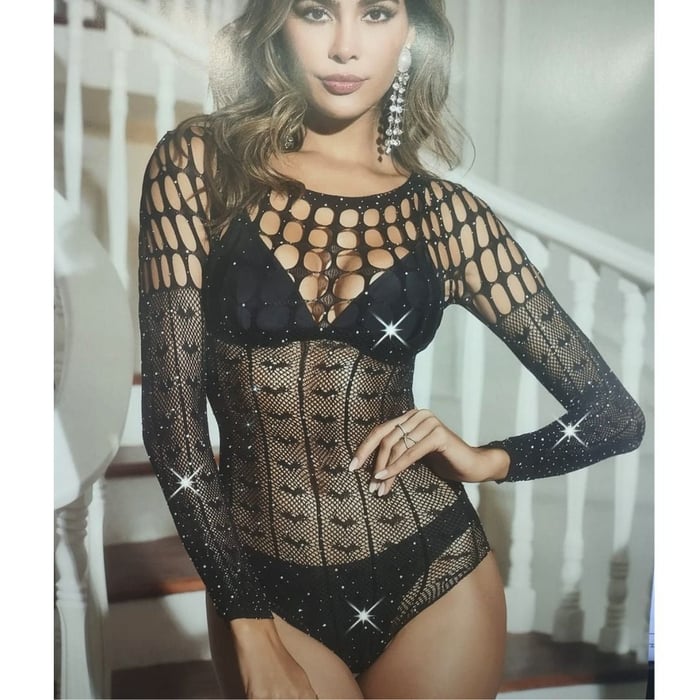 Body Arrastão Kendal Manga Longa Com Detalhes Vazados E Strass