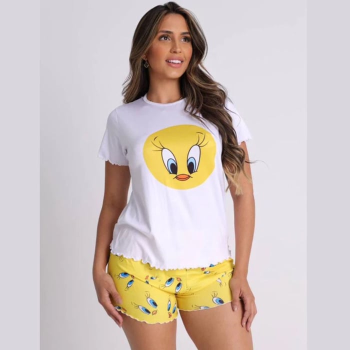 Pijama Feminino Estampado Com Baby Look E Shortinho
