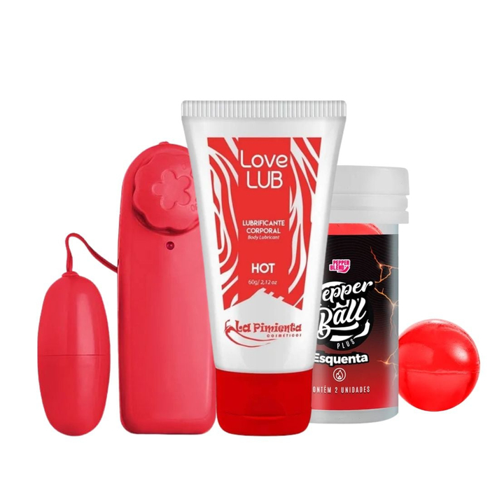 Kit Com Bullet Cápsula Vermelha Lubrificante Love Lub Hot E Pepper Ball Plus Esquenta