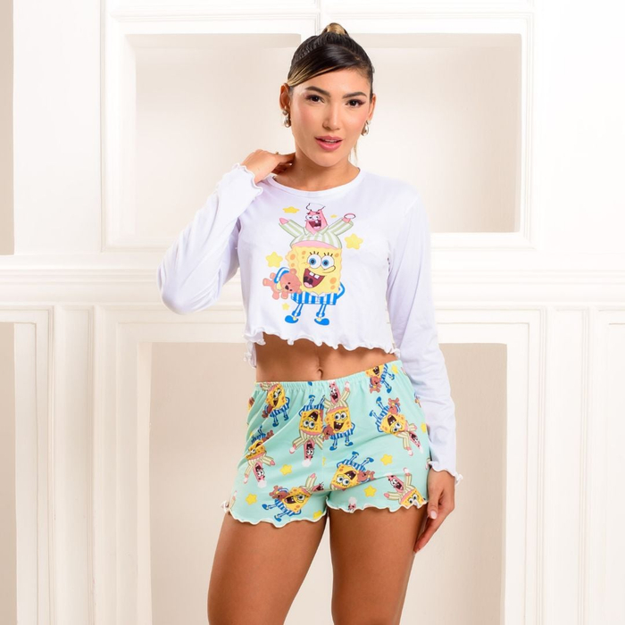 Pijama Charlote Com Blusa De Manga Longa Estampa Bob Esponja Amável