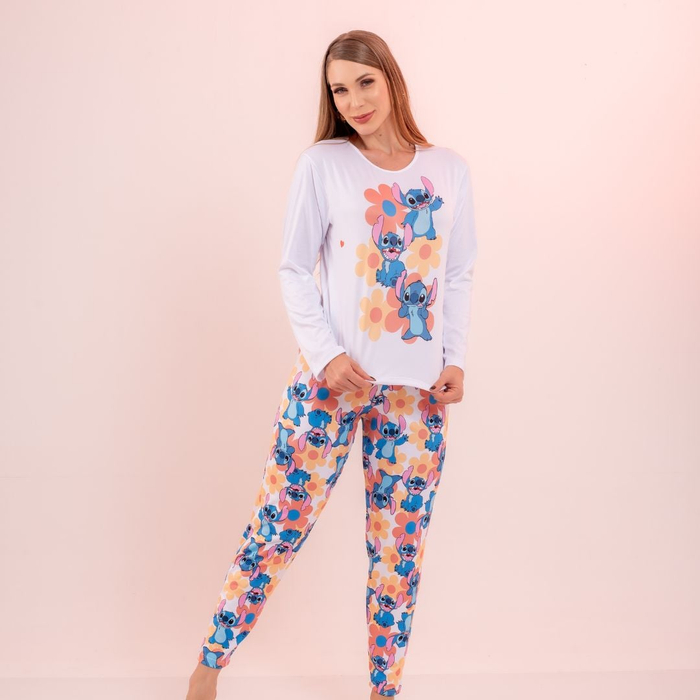 Pijama De Frio Com Calça E Camisa Manga Longa Stitch Feliz Amável