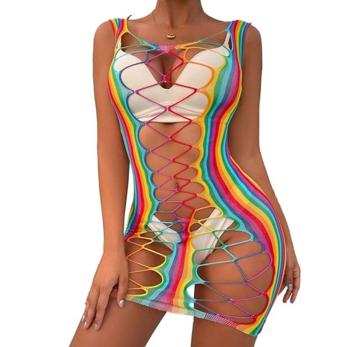 Vestido Arrastão Rede Rainbow Curto Com Detalhes Vazados