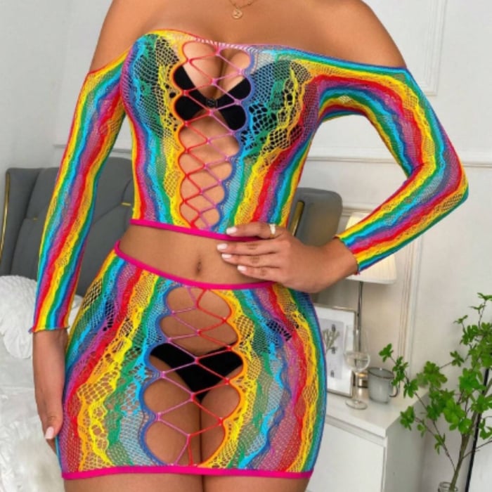 Conjunto Sensual Arrastão Rainbow Com Top Manga Longa E Saia