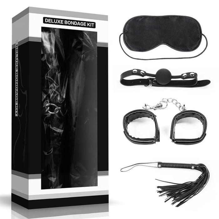 Kit Bondage Luxo 4 Peças Com Máscara Mordaça Venda E Chicote Lovetoy