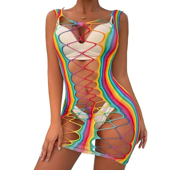 Vestido Arrastão Rede Rainbow Curto Com Detalhes Vazados