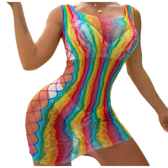 Vestido Sensual Arrastão Rainbow Com Detalhe Lateral