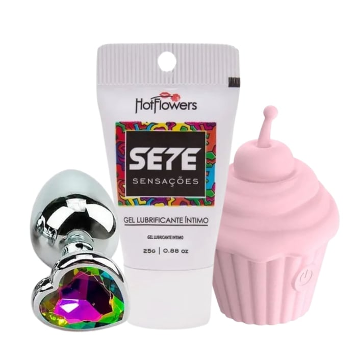 Kit Com Gel Sete Sensações Estimulador Cupcake E Plug Anal Pequeno Litoral Moda Intima