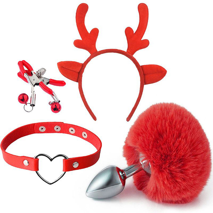 Kit Plug Pompom, Com Tiara De Veado, Grampos Em Metal Para Os Seios E Gargantilha - Sexy Import