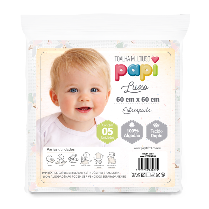 Toalha Multiuso Papi Luxo Estampada 60cm X 60cm Contém 05 Unidades