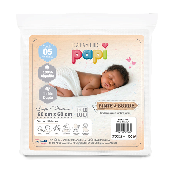 Toalha Multiuso Papi  Pinte E Borde Branca 60cm X 60cm Contém 05 Unidades