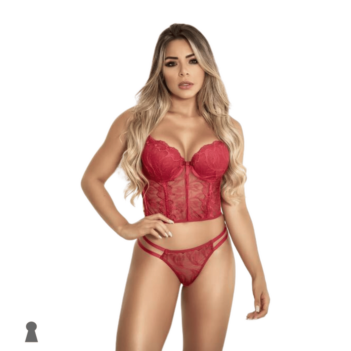 Conjunto Cropped Corselet Bordado com Calcinha Ajustável