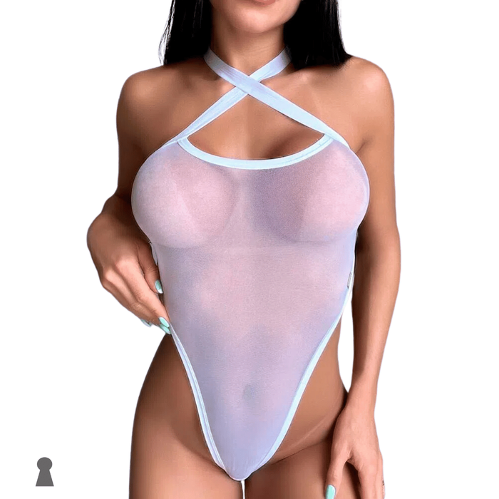 Body Sexy sem Bojo Fio Dental em Tule Branco Costas Nuas
