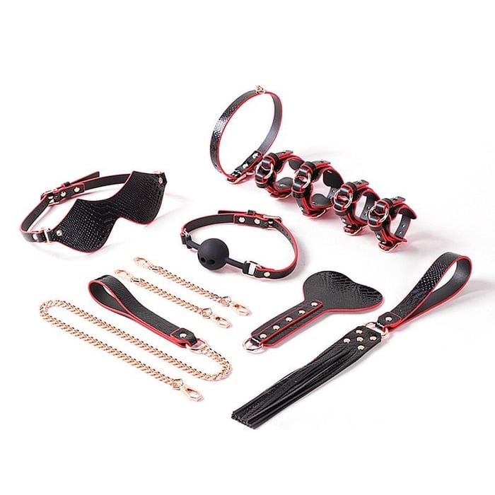 Kit Bondage Sado Mordaça Venda Algema Palmatória Coleira com Guia