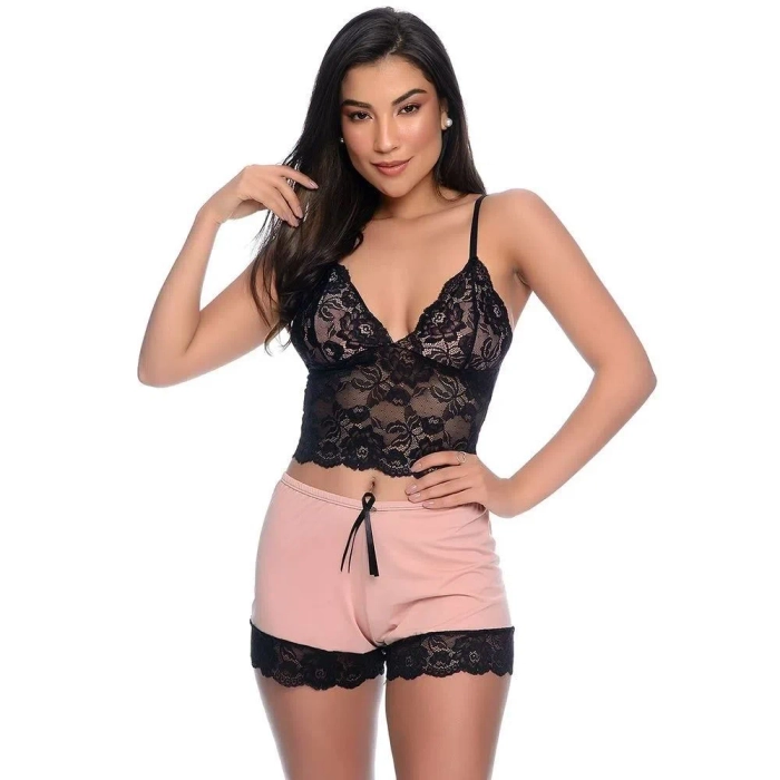 Conjunto Pijama Baby Doll Rendado Confortável Short em Renda