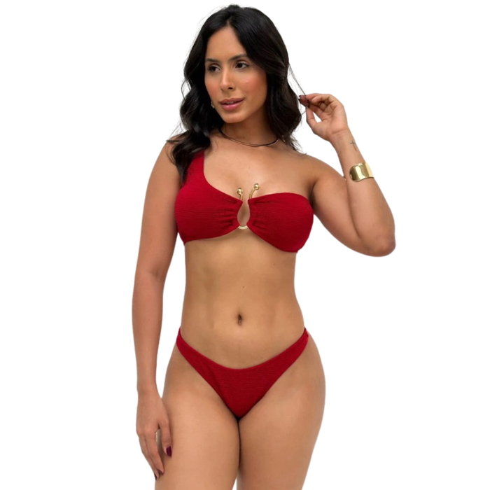 Conjunto Biquíni com Bojo Alça Única Detalhe Dourado Fio Dental