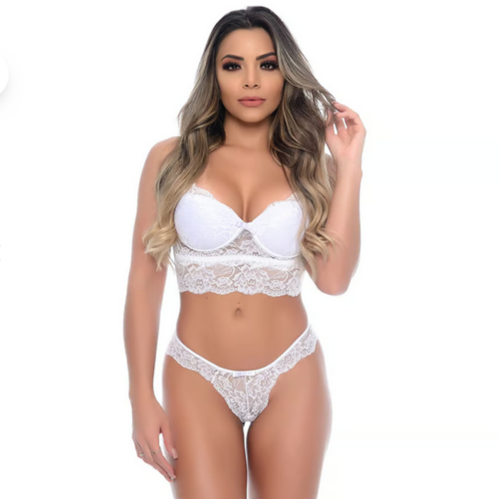 Conjunto Sensual Feminino Rendado com Lacinho Lingerie Sexy