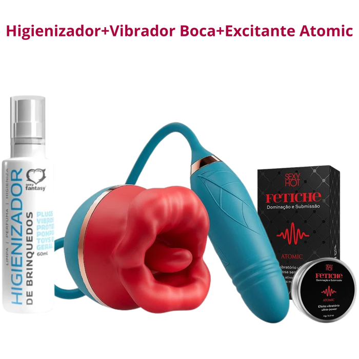 Kit Vibrador Boca com Excitante Atomic e Higienizador de Toys