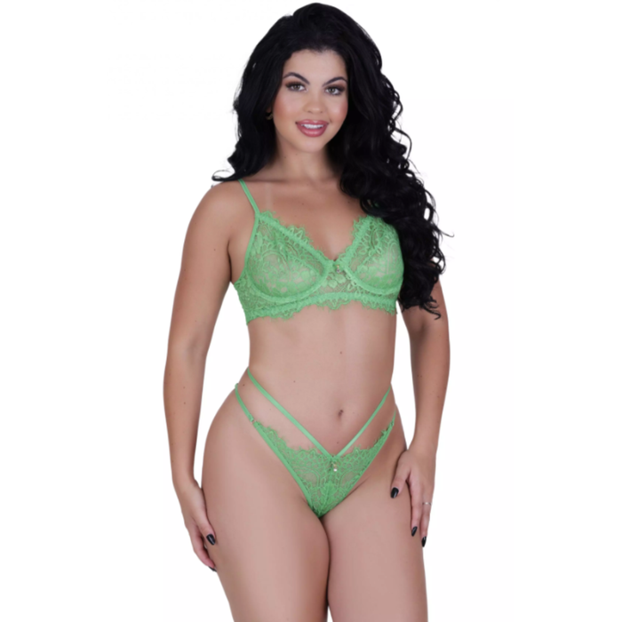 Conjunto sem Bojo Rendado e Calcinha com Tiras Strappy