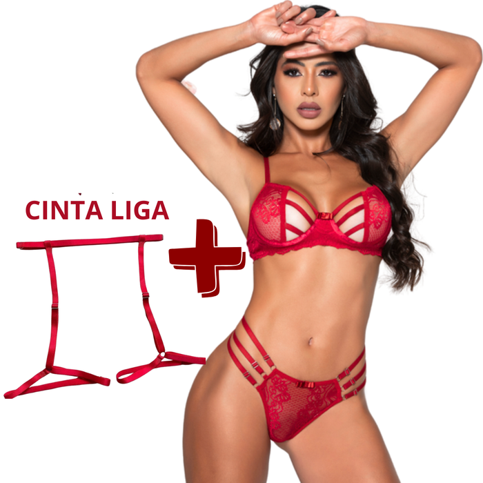 Conjunto Sensual sem Bojo com Tiras e Cinta Liga