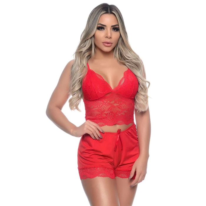 Pijama Curto Feminino Baby Doll de Dormir Renda Short Soutien