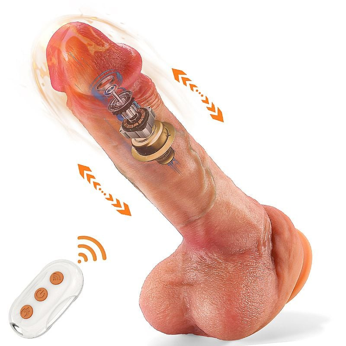 Pênis Realista com Vibrador Vai e Vem Rotativo Aquecimento e Controle Remoto 20x4cm