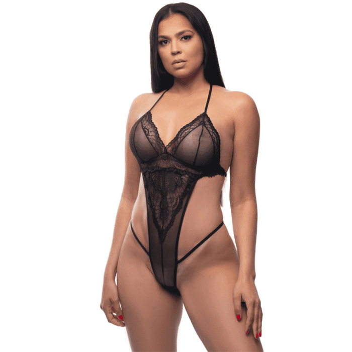 Body sem Bojo Sensual em Renda e Tule Transparente com Regulagem