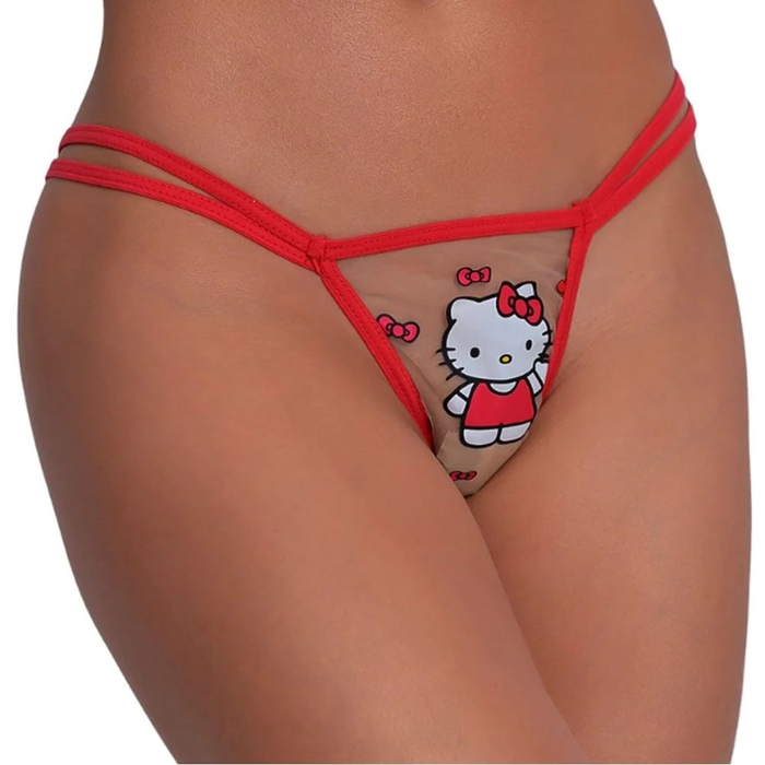 Calcinha Fio Dental Tule Estampada Tira Dupla Hello Kitty