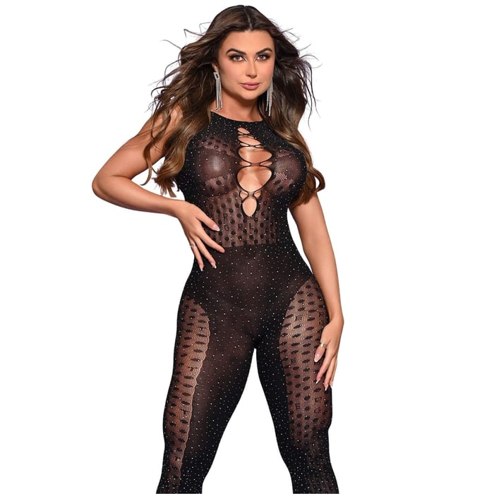 Macacão Sexy Preto Longo com Brilho Strass e Transparência Bodystocking Sensual com Recortes