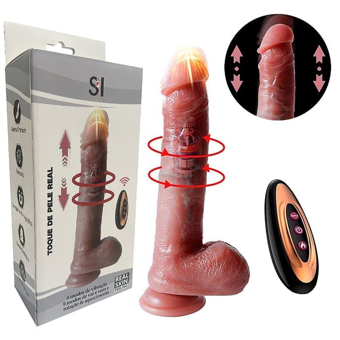 Pênis Realista com Vibrador em Silicone Liquido com Vai e Vem Aquecimento com Controle 20x4cm