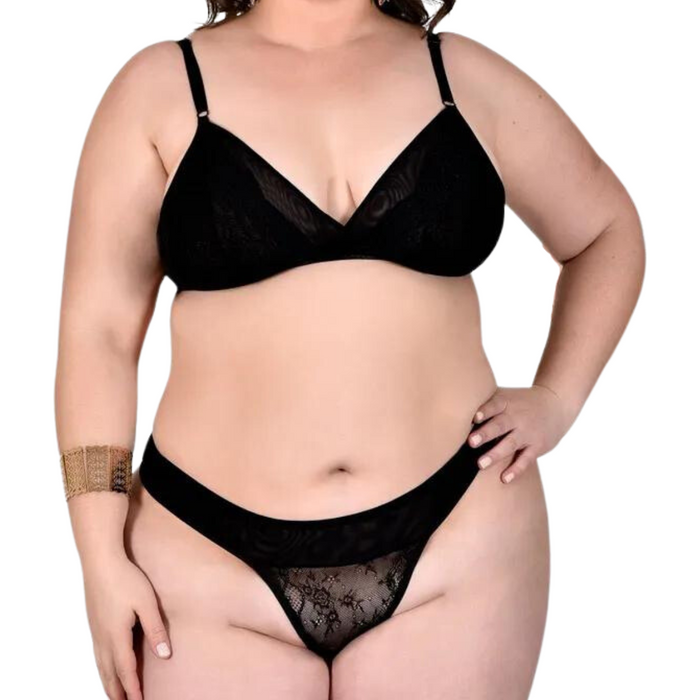 Conjunto Plus Size Sexy Sutiã sem Bojo e Fio Dental Preto