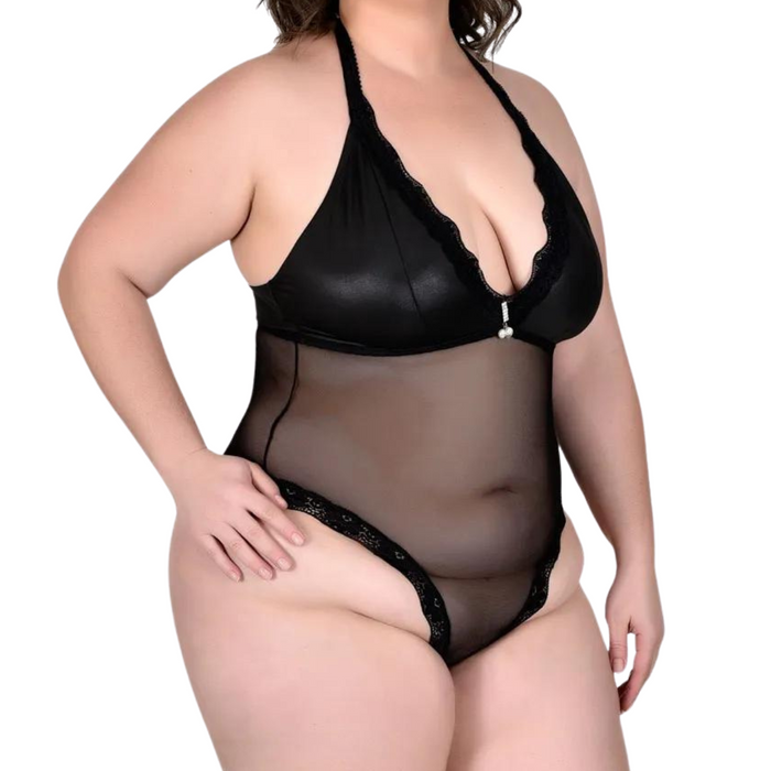 Body Plus Size Sexy em Lycra e Tule com Transparência Preto