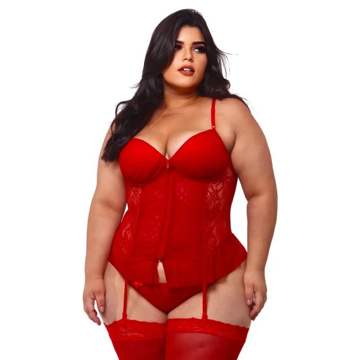 Espartilho com Bojo Plus Size com Zíper Completo com Meia 7/8 de Renda