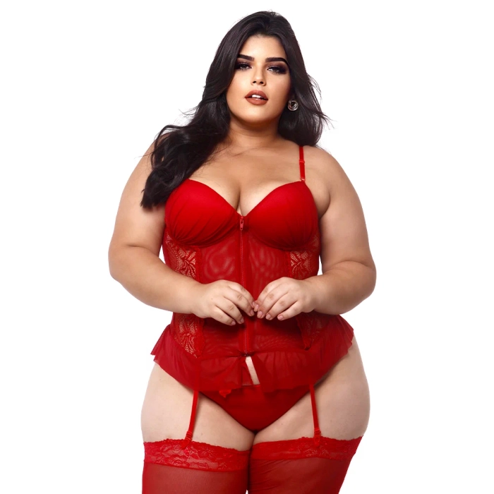 Espartilho com Bojo Plus Size com Zíper Completo com Meia 7/8 de Renda