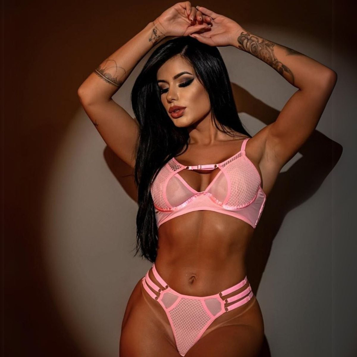 Conjunto sem Bojo com Aro em Tule e Arrastão com Tiras de Regulagem
