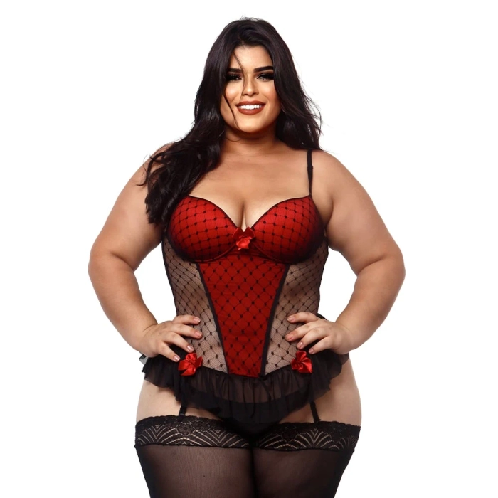 Espartilho Bicolor Plus Size com Bojo e Tule Completo com Meia 7/8 de Renda