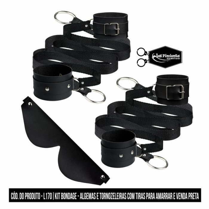 KIT BONDAGE - ALGEMAS E TORNOZELEIRAS COM TIRAS PARA AMARRAR E VENDA CORINO PRETA