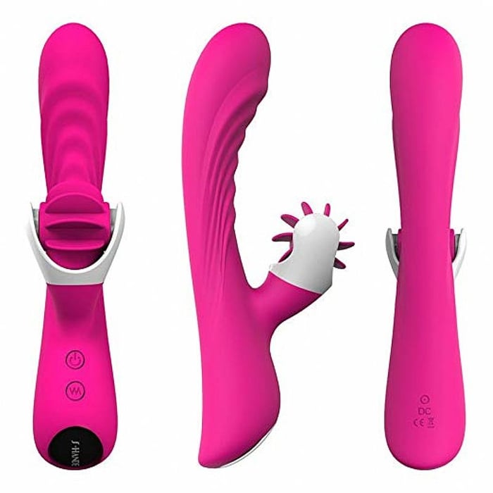 VIBRADOR DUPLO  PARA O PONTO G  E ESTIMULO CLITORIANO COM FORMATO DE LINGUA ROTATIVO RECARREGÁVEL - NYMPH