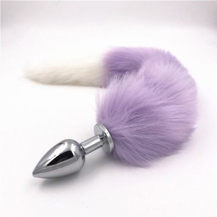 PLUG ANAL EM AÇO COM RABO CAUDA RAPOSA 48 CM  Tamanho:P;Cor:Roxo e Branco