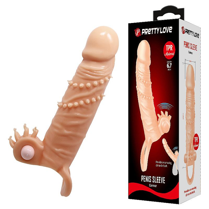 CAPA PENIANA  EXTENSORA  EM CYBER COM ALÇA TESTICULAR  E VIBRO - PENIS LEEVE CONNOR / PRETTY LOVE / 17 X 4 CM