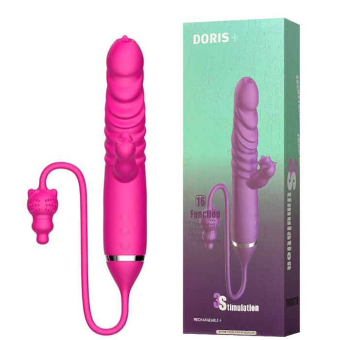 Vibrador Recarregável Vai e Vem Com Estimulador Clitoriano e Penetrador Com Bullet Gatinho-VR-074