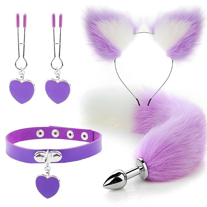 KIT - RABO DE RAPOSA COM TIARA DE ORELHAS, GRAMPOS PARA OS SEIOS EM METAL E GARGANTILHA LILÁS -TAMANHO P
