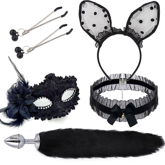 KIT - RABO DE RAPOSA COM TIARA DE ORELHAS, GRAMPOS PARA OS SEIOS EM METAL E GARGANTILHA PRETO - TAMANHO P