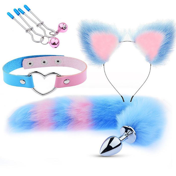 KIT - RABO DE RAPOSA COM TIARA DE ORELHAS, GRAMPOS PARA OS SEIOS EM METAL E GARGANTILHA AZUL COM ROSA - TAMANHO P