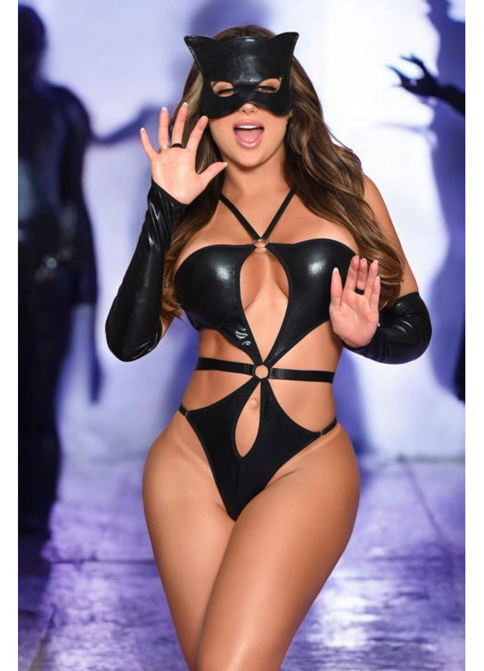 Body em Vinil com Luvas e Máscara Felina 