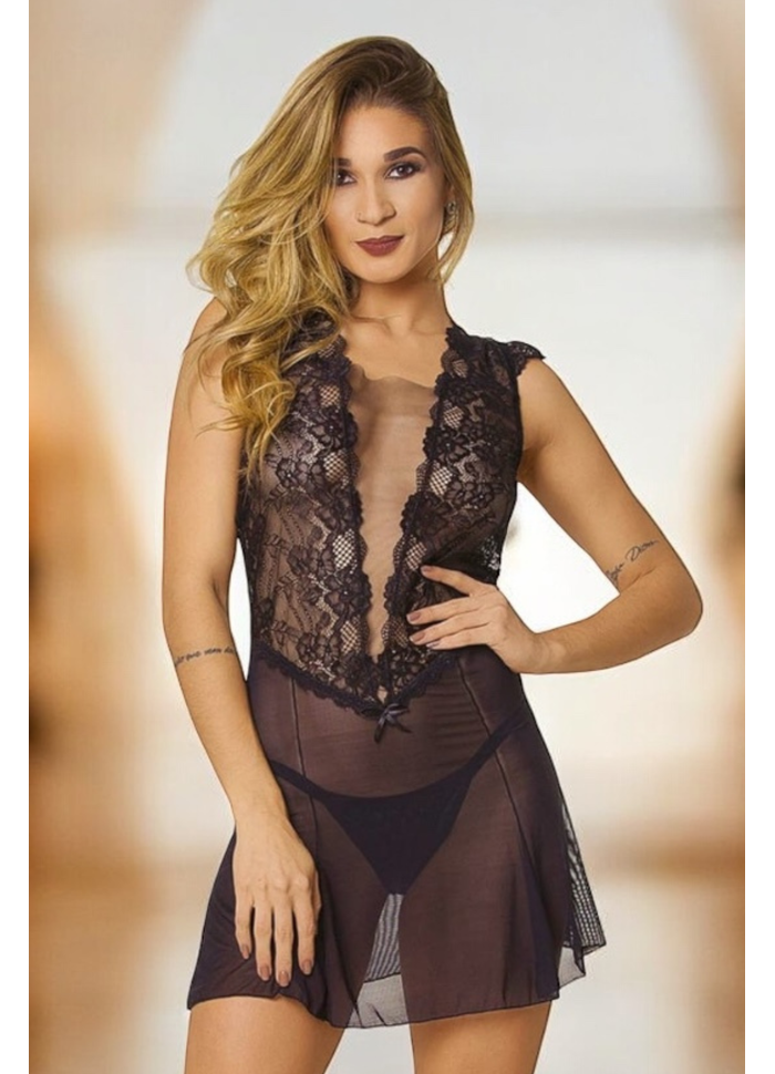 CAMISOLA SEXY COM EM TULE E RENDA