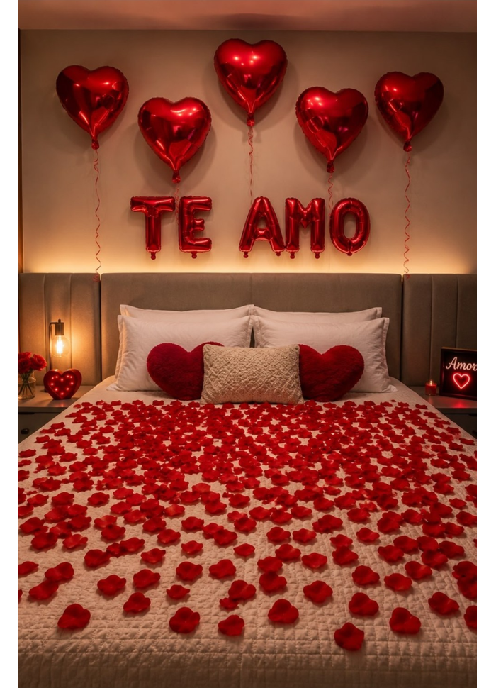 Kit com 5 balões metalizado, TE Amo e 300 pétalas de rosas 