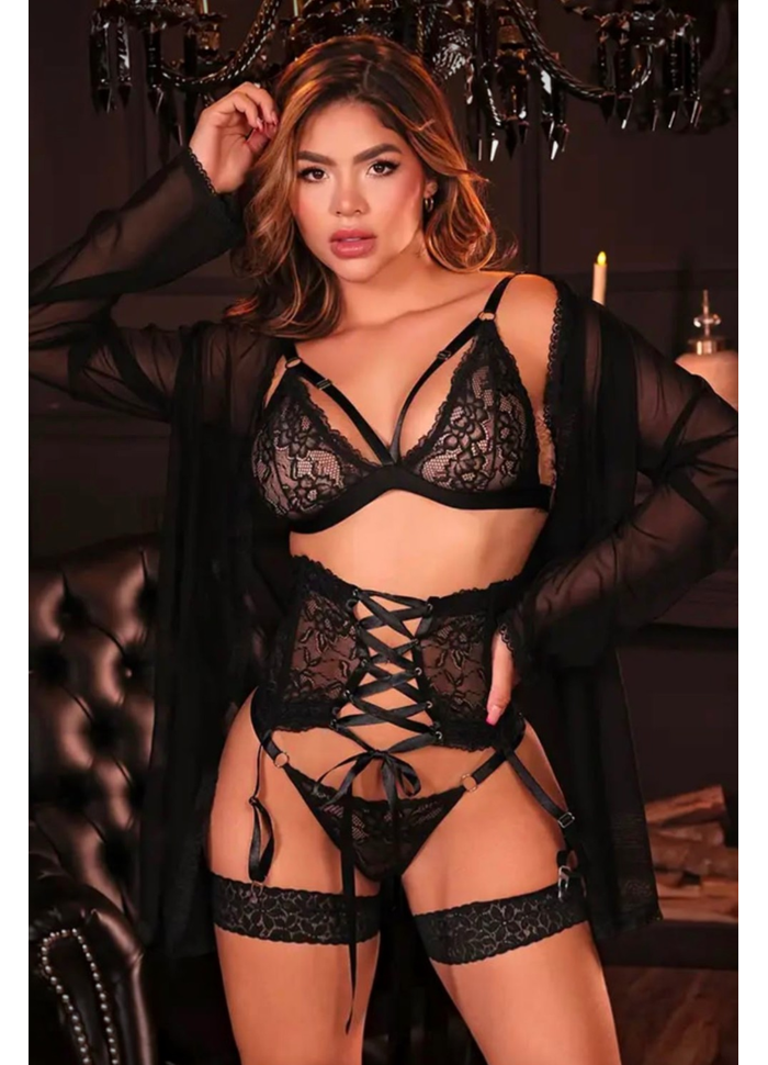 Conjunto sexy com cinta-liga e persex 